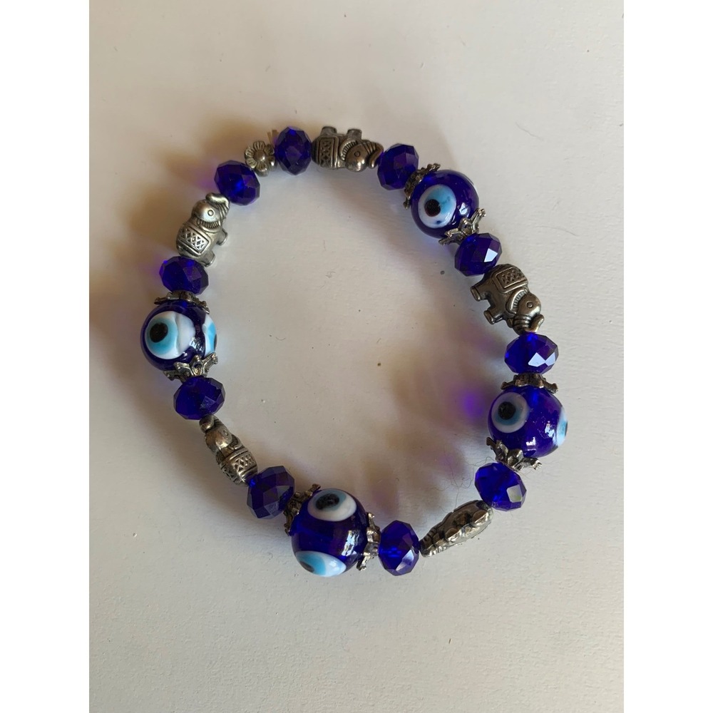 Blue Evil Eye Elephant Beaded Stretch Bracelet Silver Tone Luck Protection